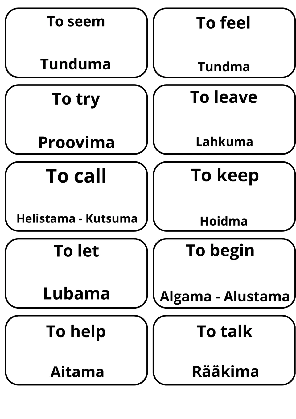 Estonian translation cards for to seem, to feel, to try, to call (Helistama - Kutsuma), to begin and to help, 10 in all