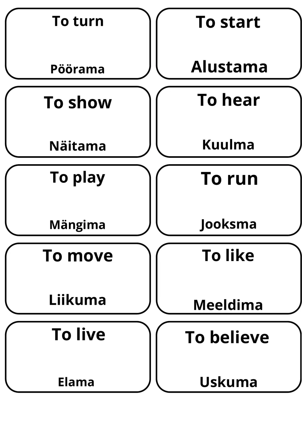 Ten action-word cards: to turn (Pöörama), to show (Näitama), to play (Mängima), to run (Jooksma), to believe (Uskuma)