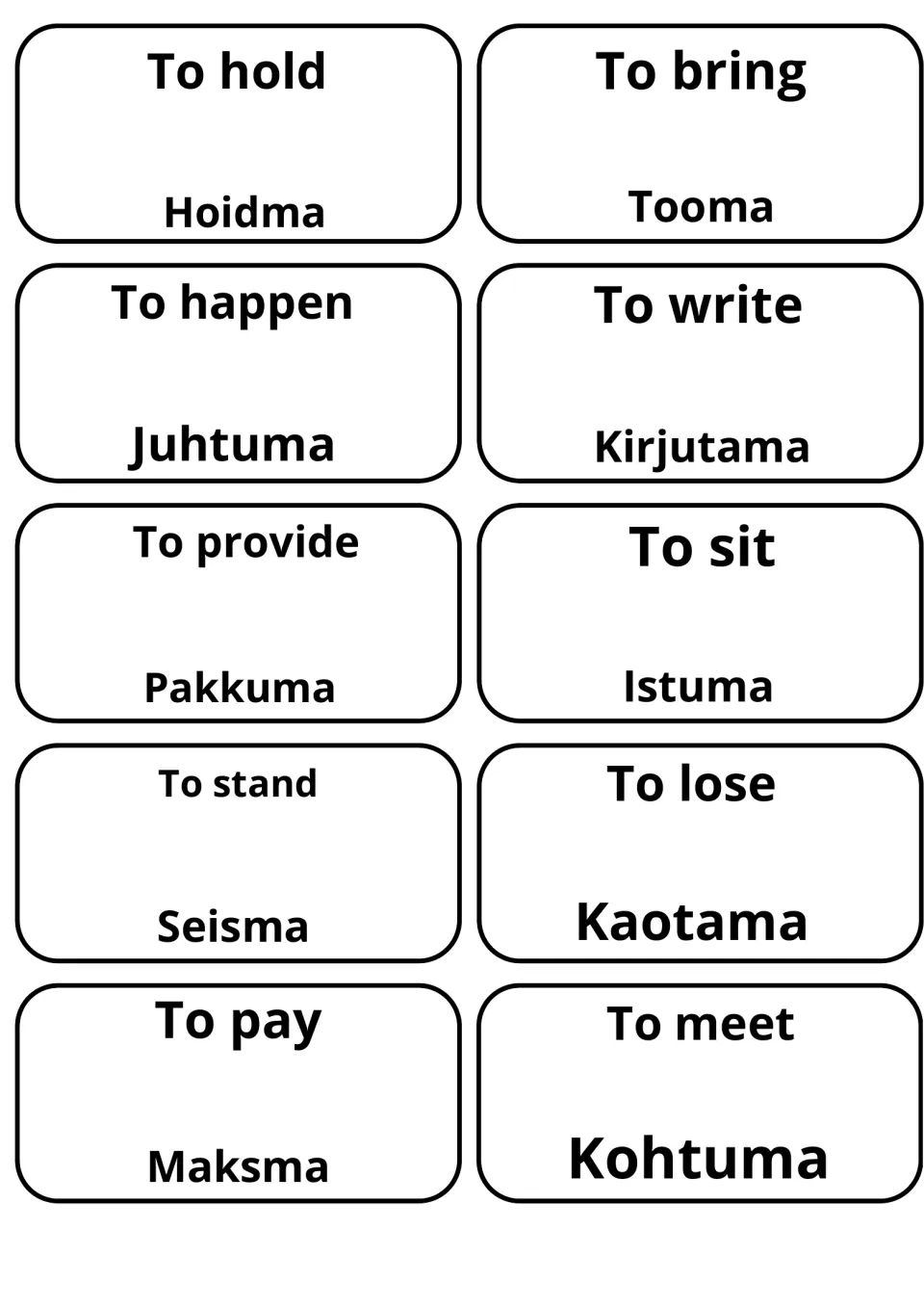 Flashcards translating to hold, to bring, to happen, to write, to sit and to pay into Estonian: Hoidma, Tooma, Kirjutama