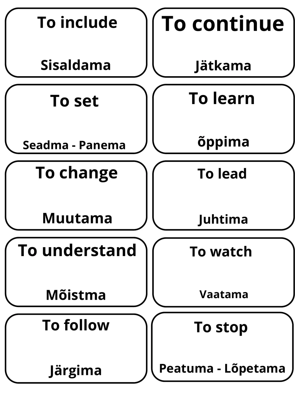 Estonian cards for to include, to continue, to learn (õppima), to understand (Mõistma) and to stop (Peatuma - Lõpetama)