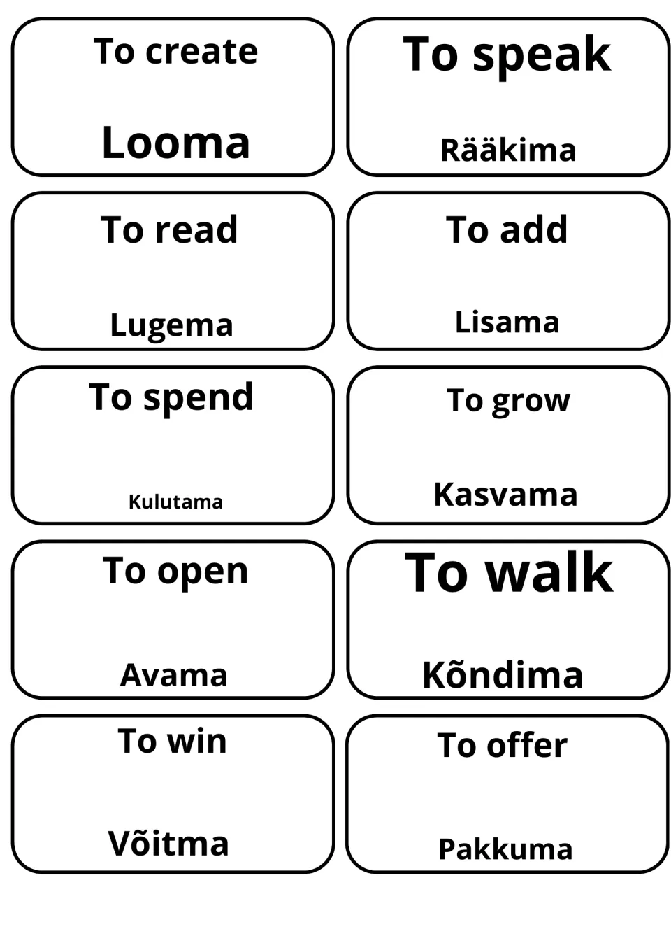 English verbs with Estonian meanings: to create (Looma), to read (Lugema), to walk (Kõndima), to win (Võitma) and 6 more