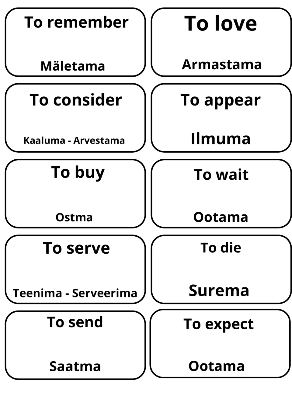 Estonian vocabulary cards: to remember (Mäletama), to love (Armastama), to buy (Ostma), to wait (Ootama) and 6 more