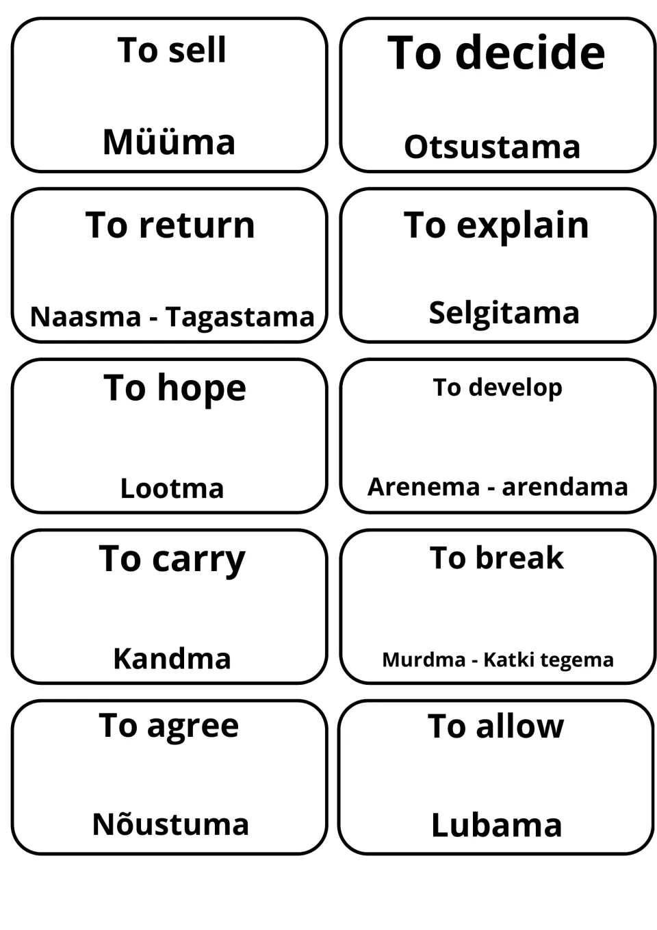 Estonian verb cards: to sell (Müüma), to decide (Otsustama), to explain (Selgitama) and to agree (Nõustuma), 10 in set