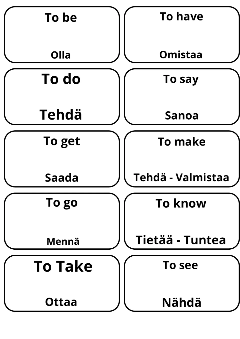 English-Finnish verb flashcards pairing to be, to have, to do, to say and to go with Olla, Omistaa, Tehdä, Sanoa, Mennä