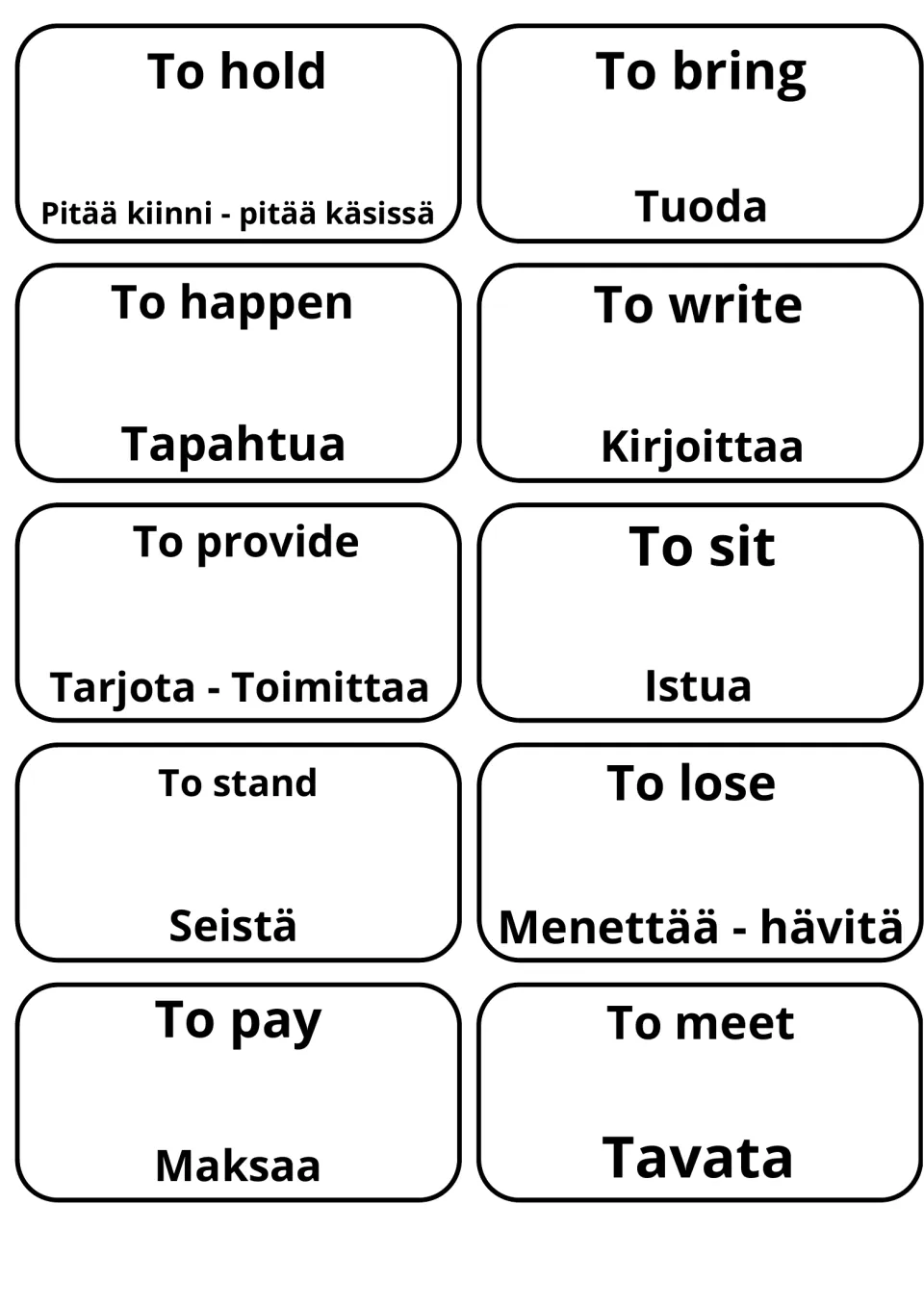 Ten verb cards: to bring, to happen, to write, to sit and to pay paired with Tuoda, Tapahtua, Kirjoittaa, Istua, Maksaa