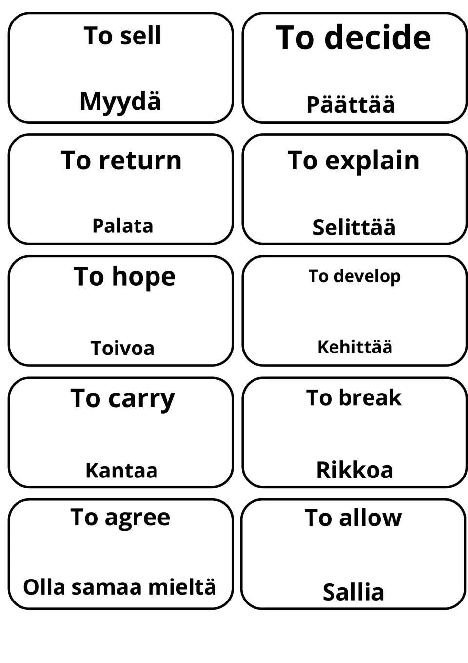 Final verb cards: to sell, to decide, to return, to explain and to hope beside Myydä, Päättää, Palata, Selittää, Toivoa