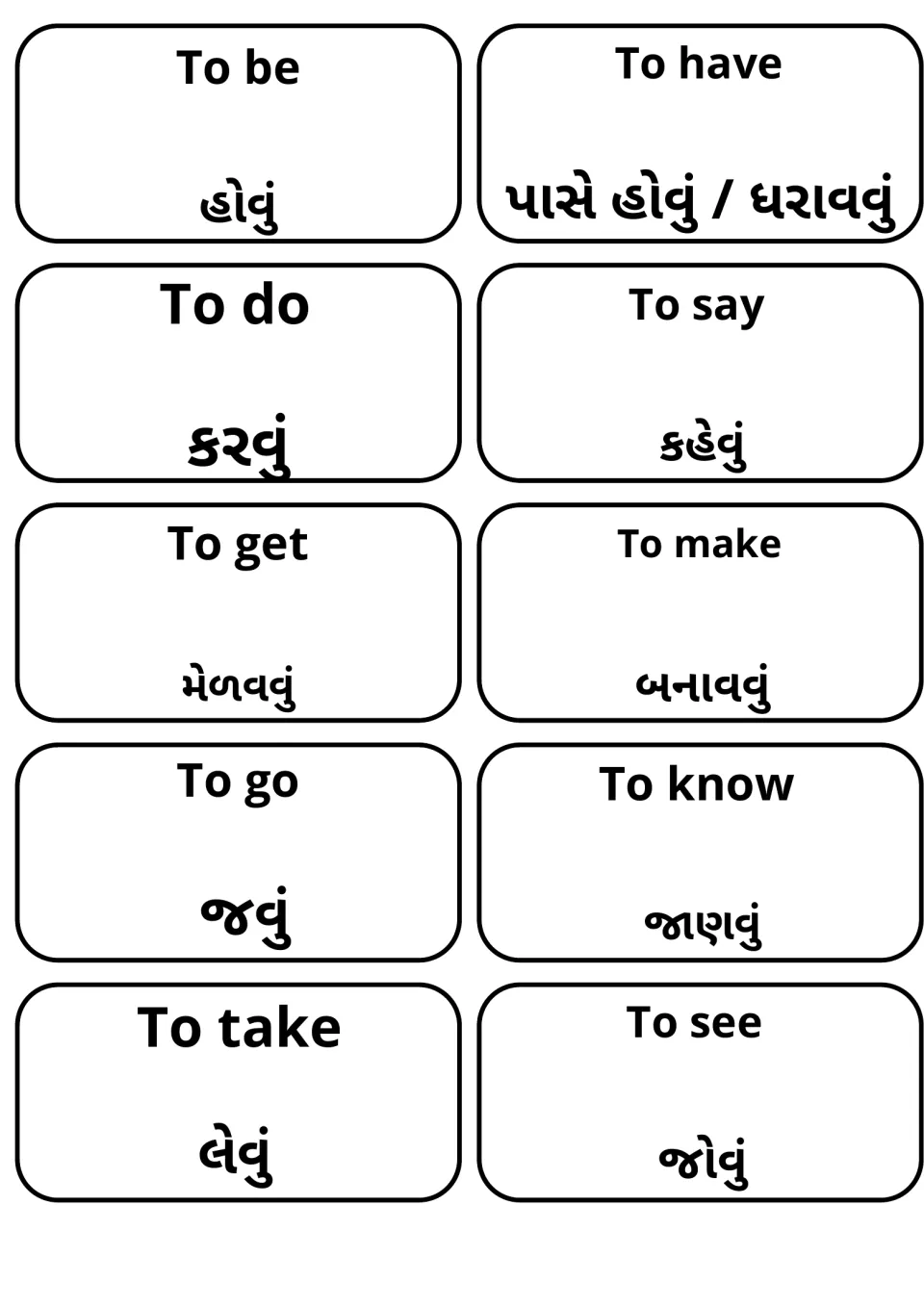 English-Gujarati verb flashcards: to be, to have, to do, to say, to get, to make, to go and more, with Gujarati words