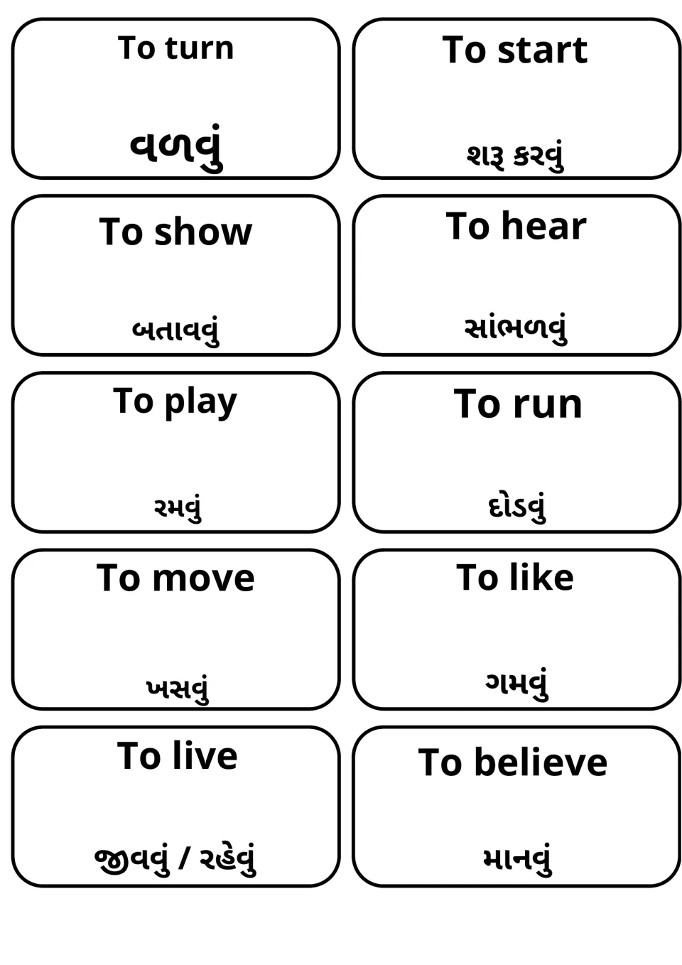 Verbs to turn, to start, to show, to hear, to play, to run, to move, to like, to live and to believe with Gujarati words