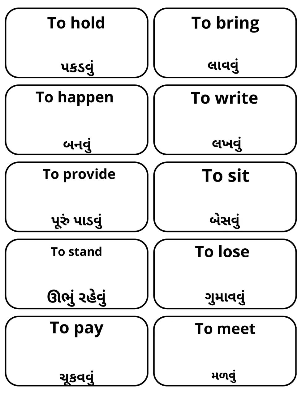Gujarati meanings for to hold, to bring, to happen, to write, to provide, to sit, to stand, to lose, to pay and to meet