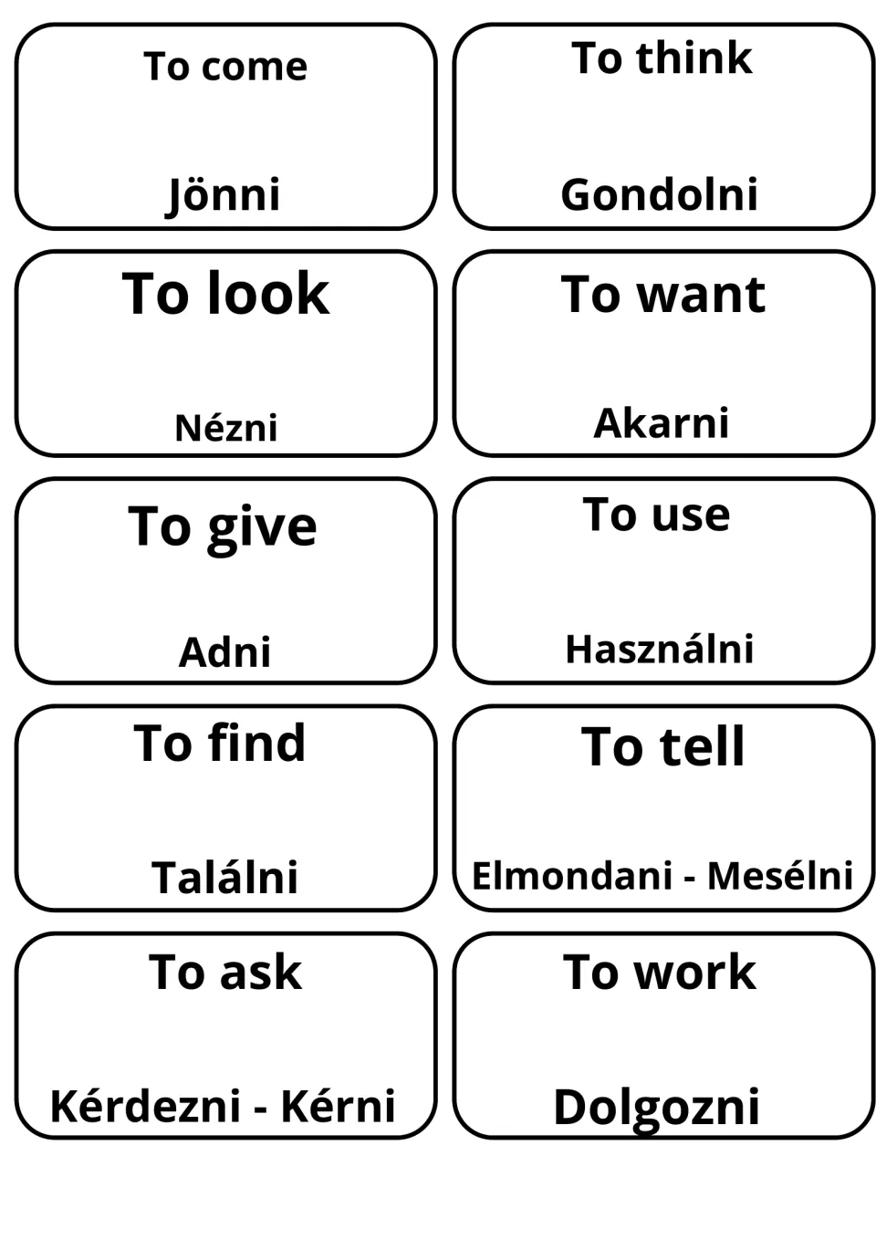 Verb cards: English verbs such as to come, to think, to give and to ask, each with its Hungarian meaning beneath
