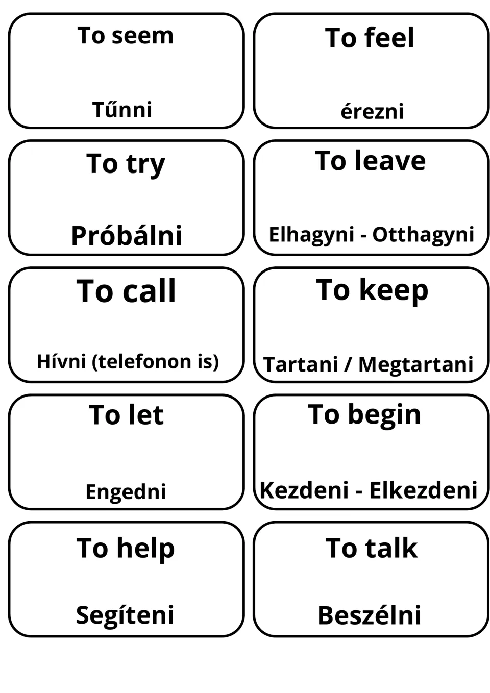 Translation cards for to seem, to try, to call, to keep, to begin and to talk, shown with Tűnni, Próbálni and Beszélni