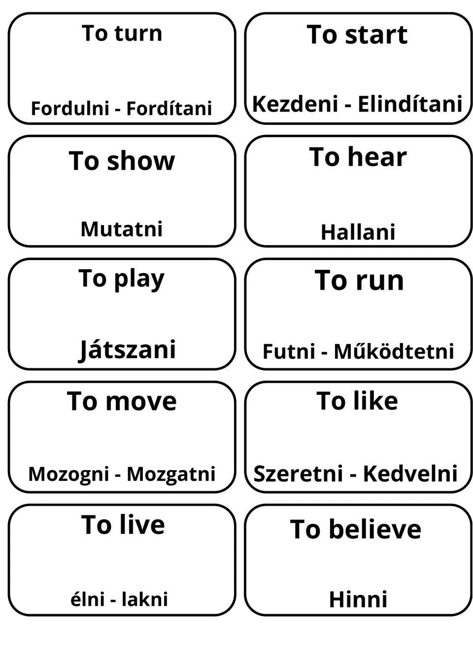 Ten cards for to turn, to show, to play, to run, to live and to believe, with Hungarian such as Játszani and élni - lakni