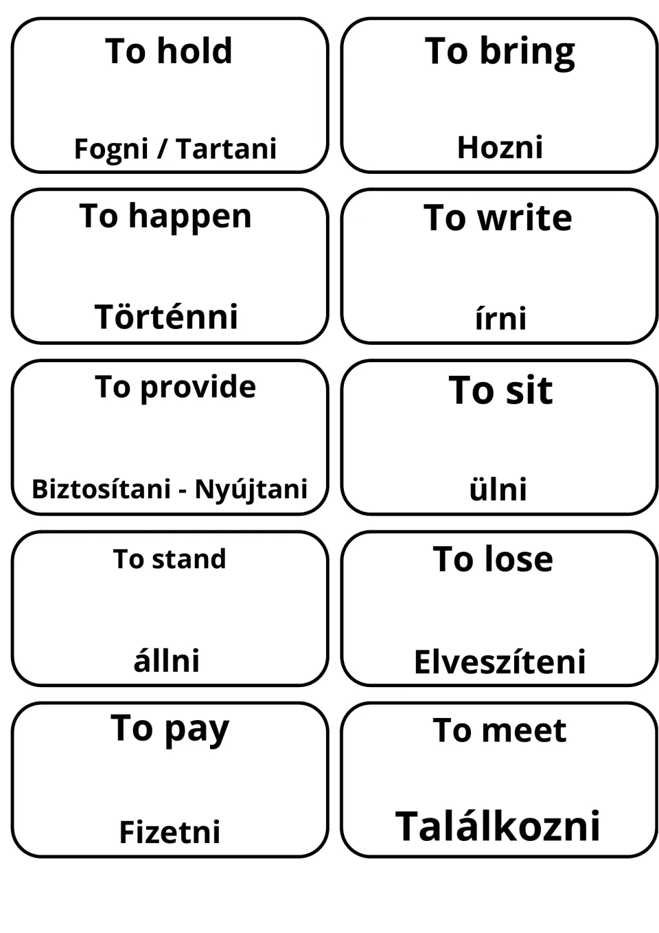 Cards for to hold, to bring, to happen, to write, to sit and to stand, with Hungarian such as Hozni, írni and ülni