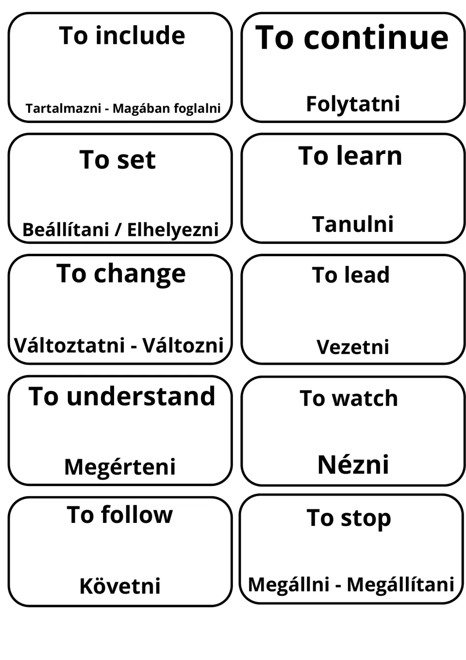 Vocabulary cards for to include, to continue, to learn, to understand, to watch and to stop, with Tanulni, Megérteni, Nézni