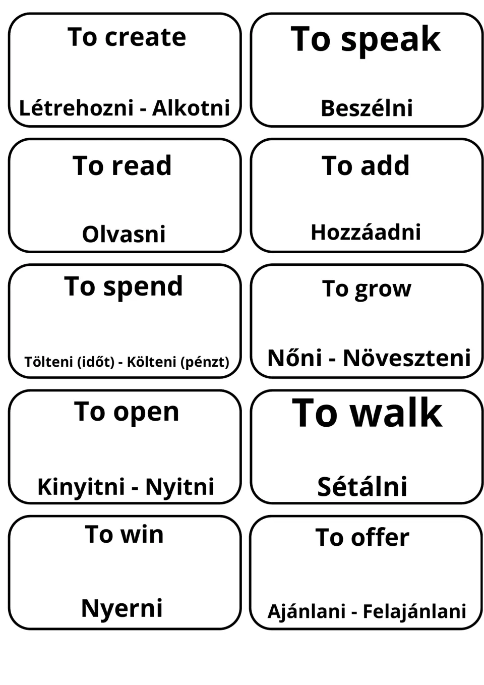 Cards translating to create, to speak, to read, to walk and to win into Hungarian: Alkotni, Olvasni, Sétálni, Nyerni