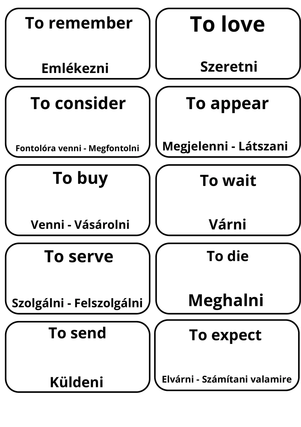 Flashcards for to remember, to love, to consider, to buy, to send and to expect, with Emlékezni, Vásárolni, Küldeni