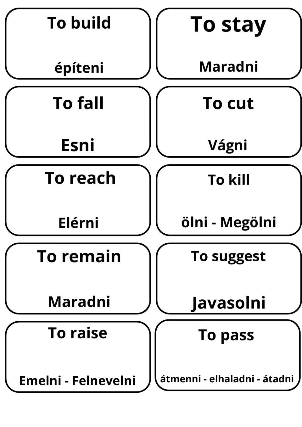 Cards for to build, to fall, to cut, to reach, to suggest and to pass, paired with építeni, Esni, Vágni, Javasolni