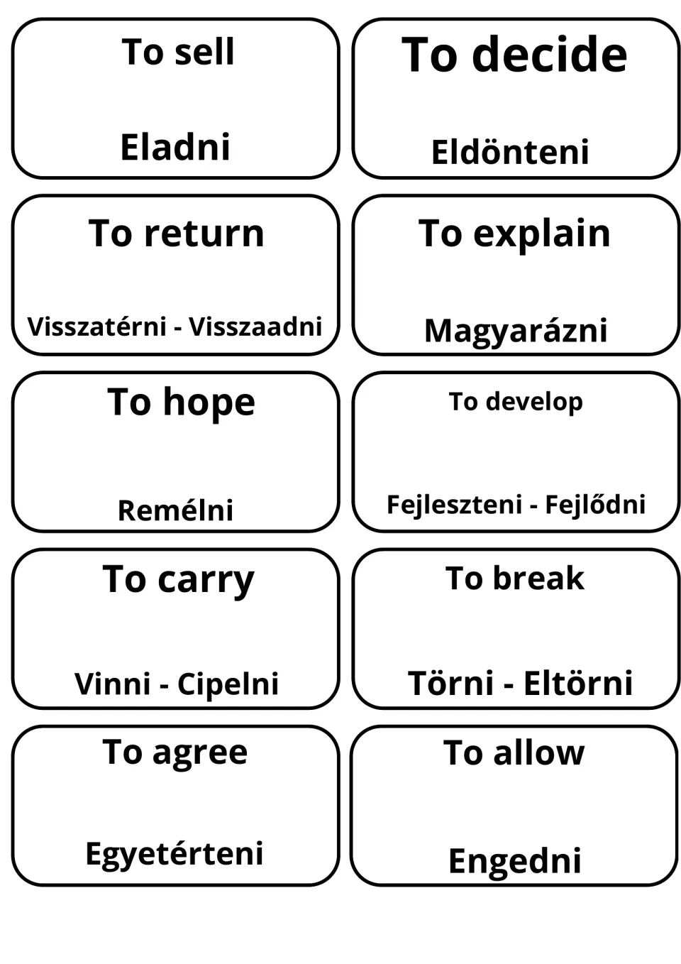 Cards for to sell, to decide, to explain, to hope, to carry, to break and to agree with Eladni, Magyarázni and Egyetérteni