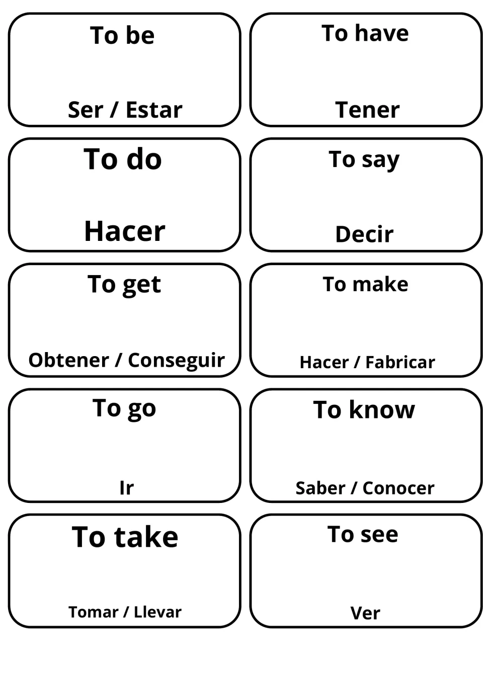 English-Spanish verb flashcards: 10 cards such as to be/Ser, Estar, to have/Tener, to go/Ir and to know/Saber, Conocer