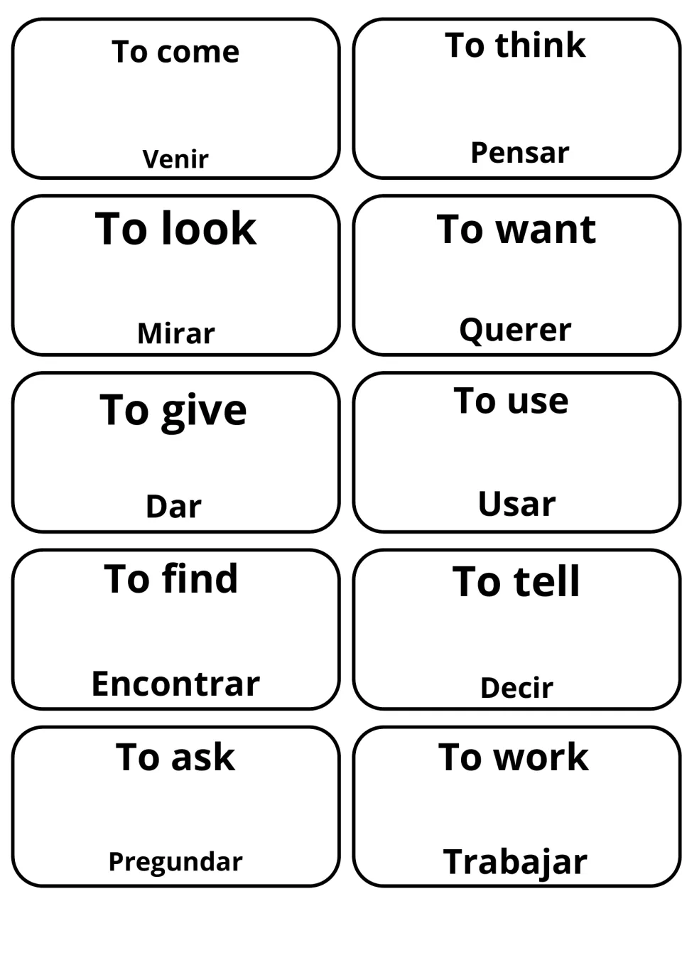 Verb flashcards pairing English and Spanish: to come/Venir, to think/Pensar, to want/Querer and to find/Encontrar