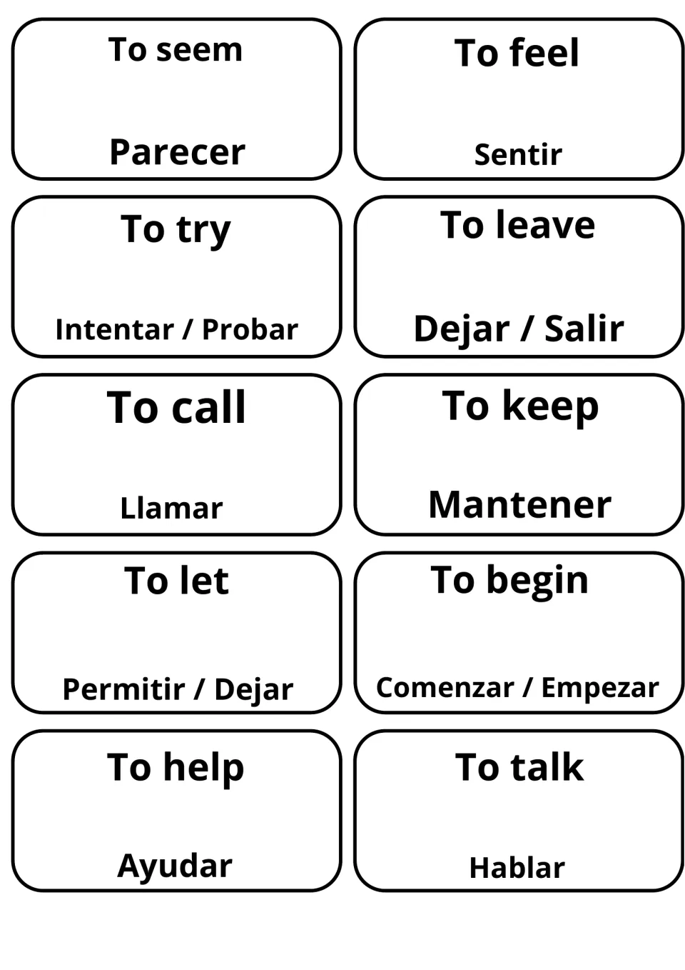 Ten verb cards with Spanish translations, including to seem/Parecer, to try/Intentar, to leave/Dejar and to help/Ayudar