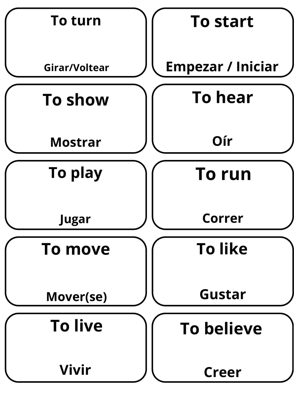 Verb vocabulary cards in English and Spanish: to turn/Girar, to hear/Oír, to play/Jugar, to like/Gustar and to run/Correr
