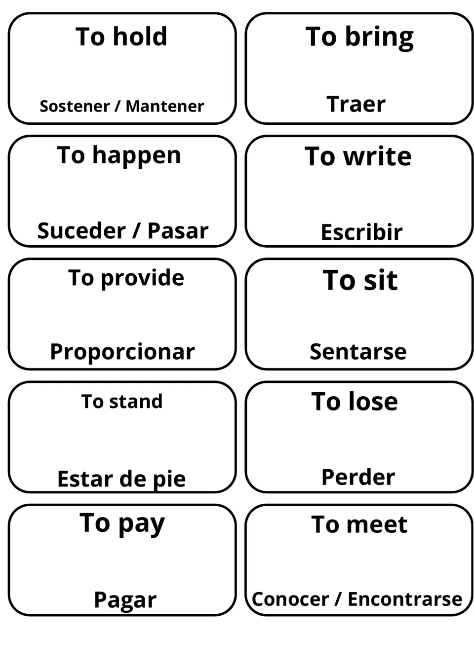 English-Spanish verb cards such as to hold/Sostener, to happen/Suceder, to write/Escribir and to stand/Estar de pie