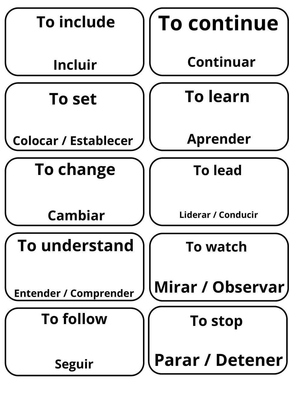 Verb flashcards with Spanish meanings: to include/Incluir, to learn/Aprender, to understand/Entender and to stop/Parar