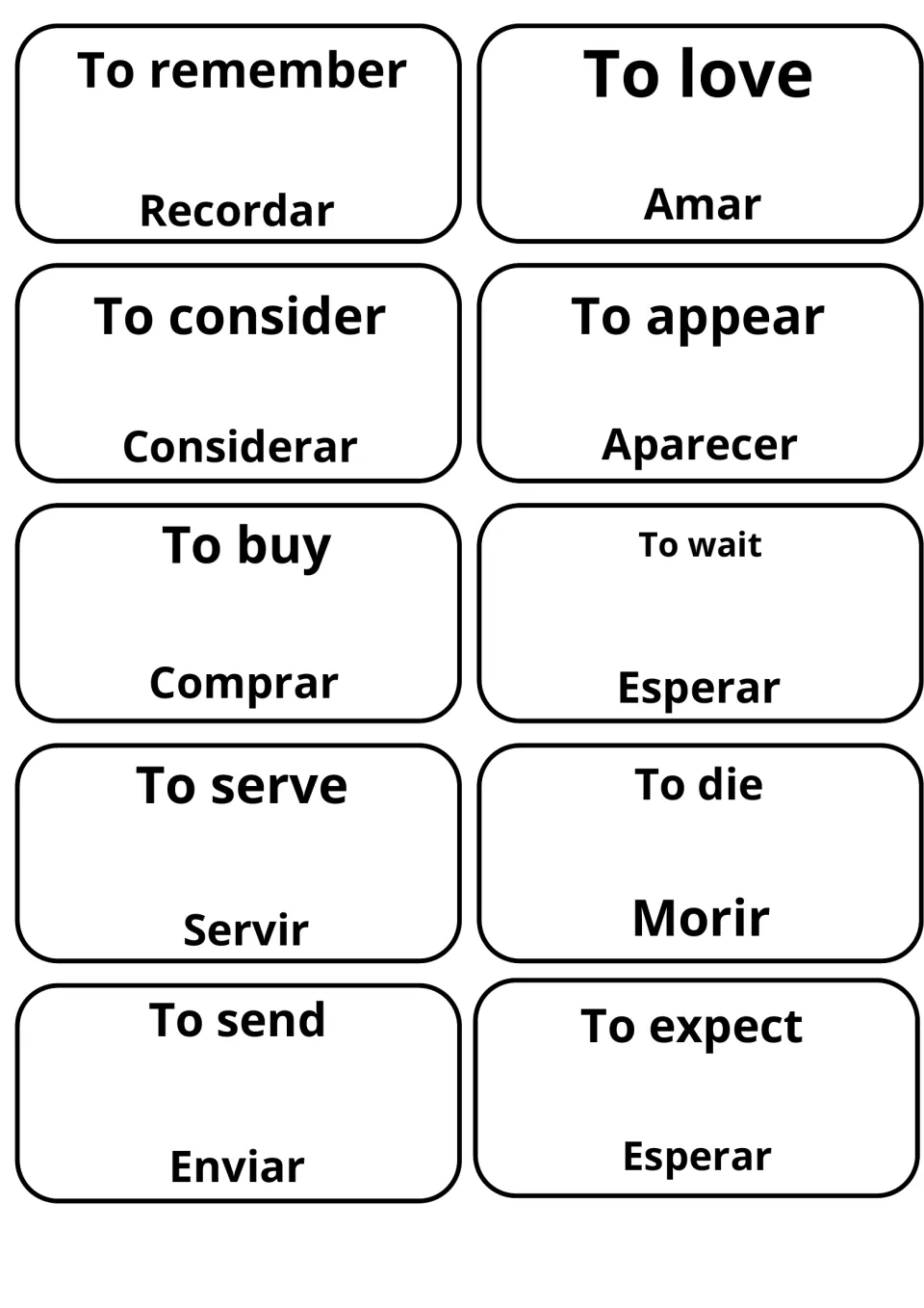 Bilingual verb cards: to remember/Recordar, to love/Amar, to buy/Comprar, to wait and to expect/Esperar, to send/Enviar