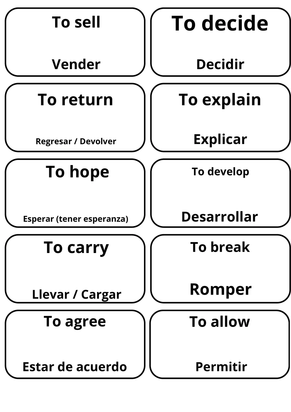 Ten more verb cards in English and Spanish: to sell/Vender, to decide/Decidir, to hope/Esperar and to break/Romper