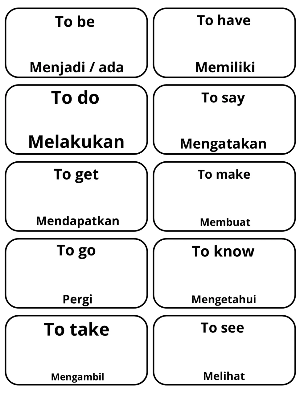 English verbs with Indonesian translations: 10 cards from to be (Menjadi / ada) and to have (Memiliki) to to see (Melihat)