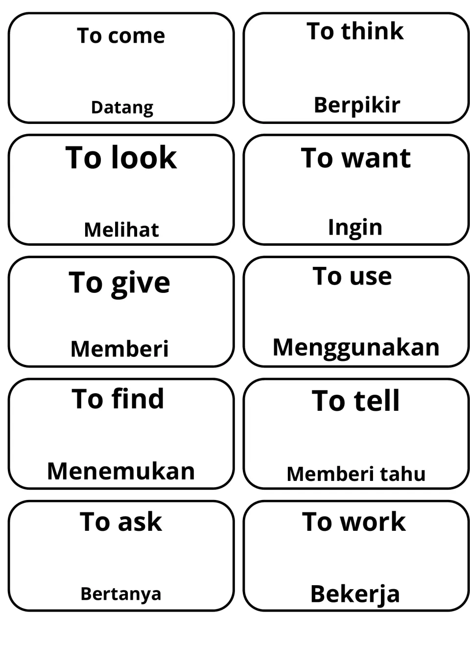 Verb cards pairing English and Indonesian: to come (Datang), to think (Berpikir), to want (Ingin), to tell, to ask, to work