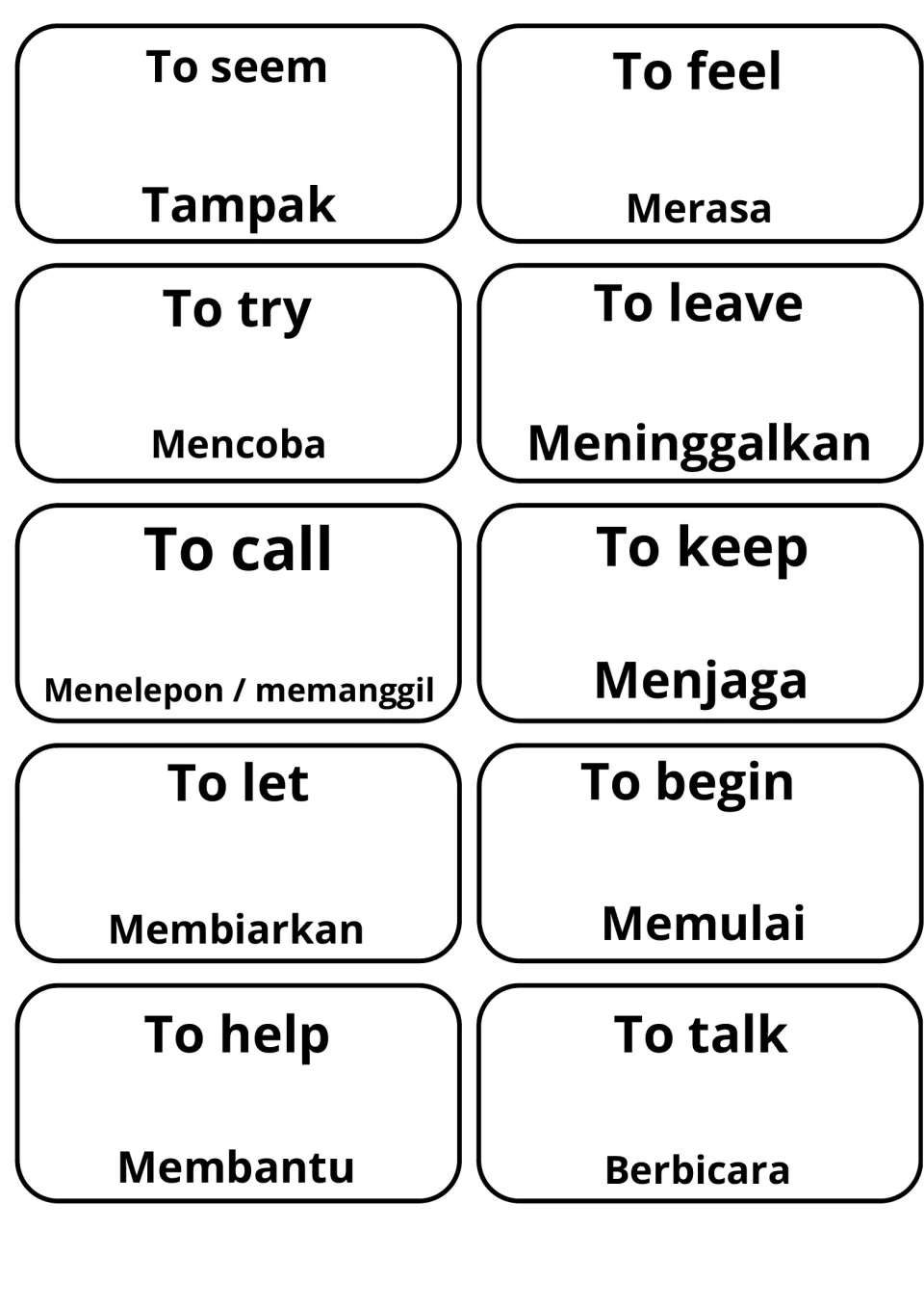 Ten verb cards, English over Indonesian: to seem (Tampak), to feel (Merasa), to try (Mencoba), to call, to help, to talk