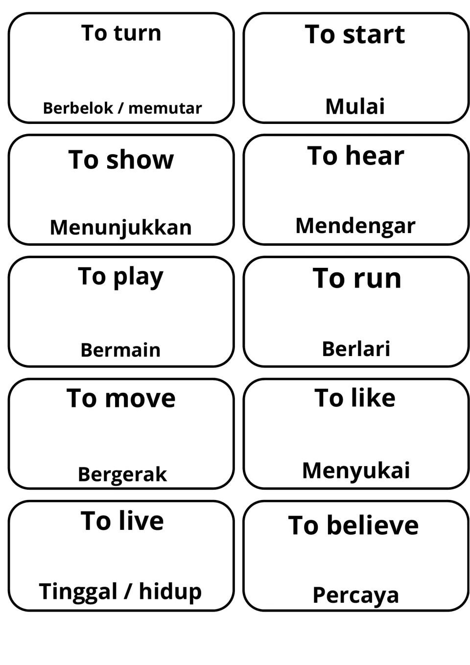 English-Indonesian verb cards for to turn (Berbelok / memutar), to start (Mulai), to hear, to play, to run, to believe