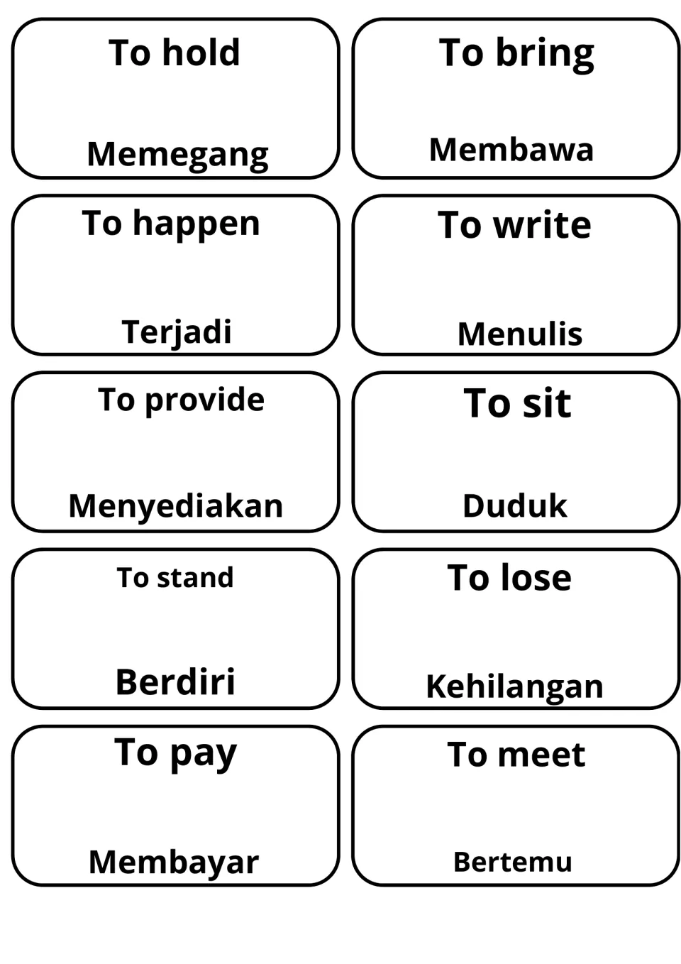 Verb vocabulary cards: to hold (Memegang), to bring (Membawa), to happen (Terjadi), to write, to sit, to stand, to meet