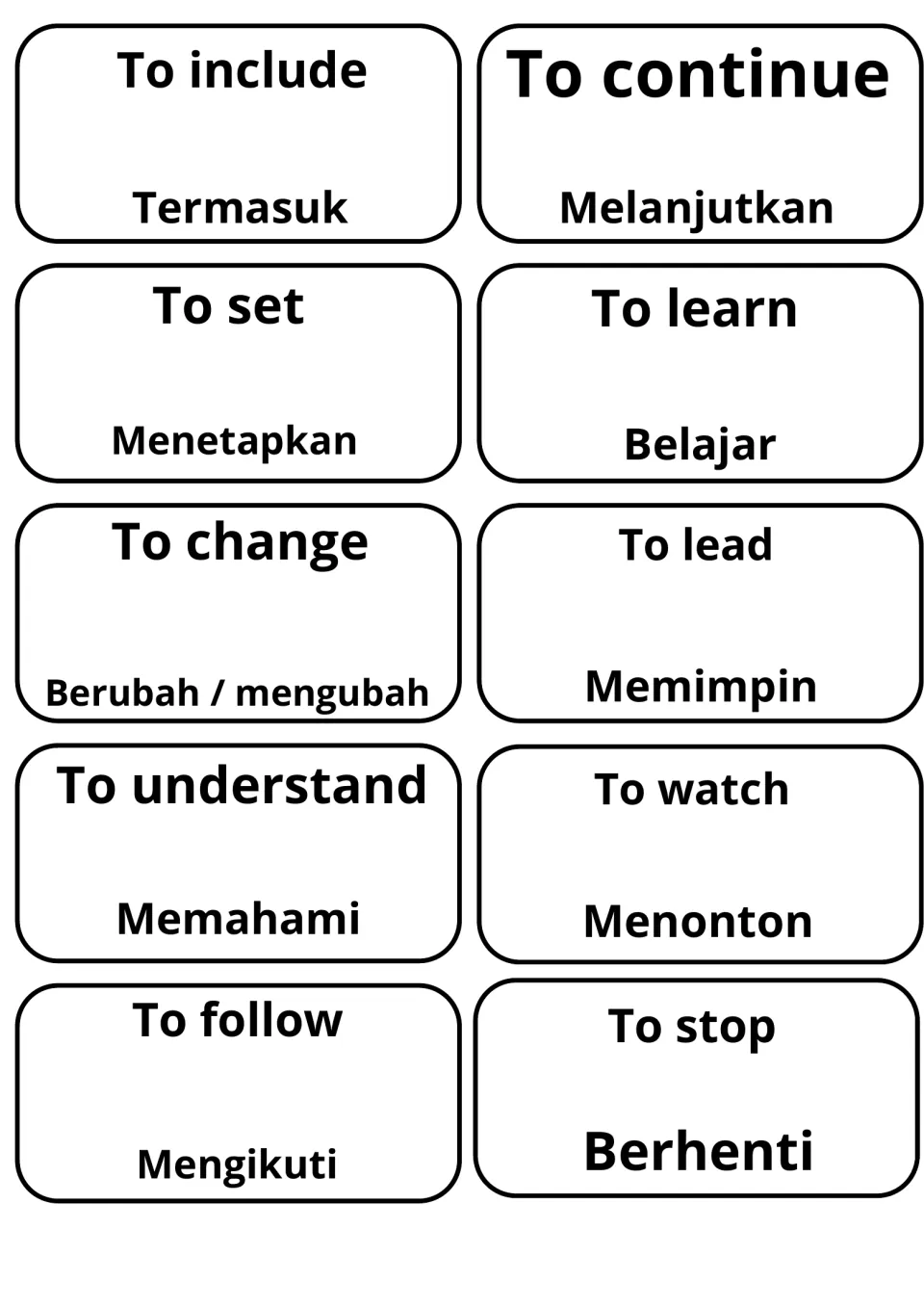 Ten cards translating verbs to Indonesian, from to include (Termasuk) and to continue (Melanjutkan) to to follow and to stop