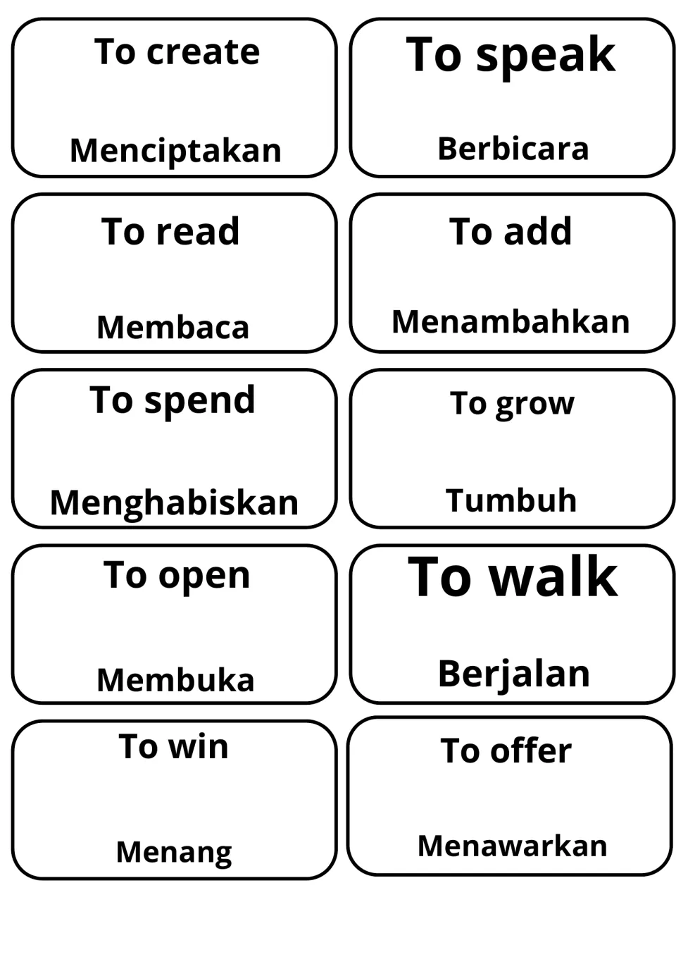 Verb card set with Indonesian meanings: to create (Menciptakan), to speak (Berbicara), to read, to spend, to win, to offer