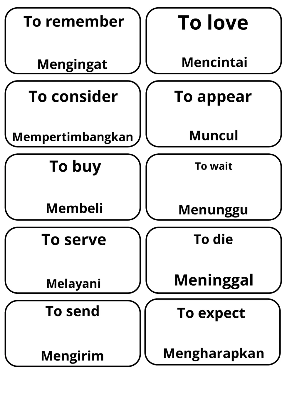 English to Indonesian verb cards: to remember (Mengingat), to love (Mencintai), to consider (Mempertimbangkan), to wait