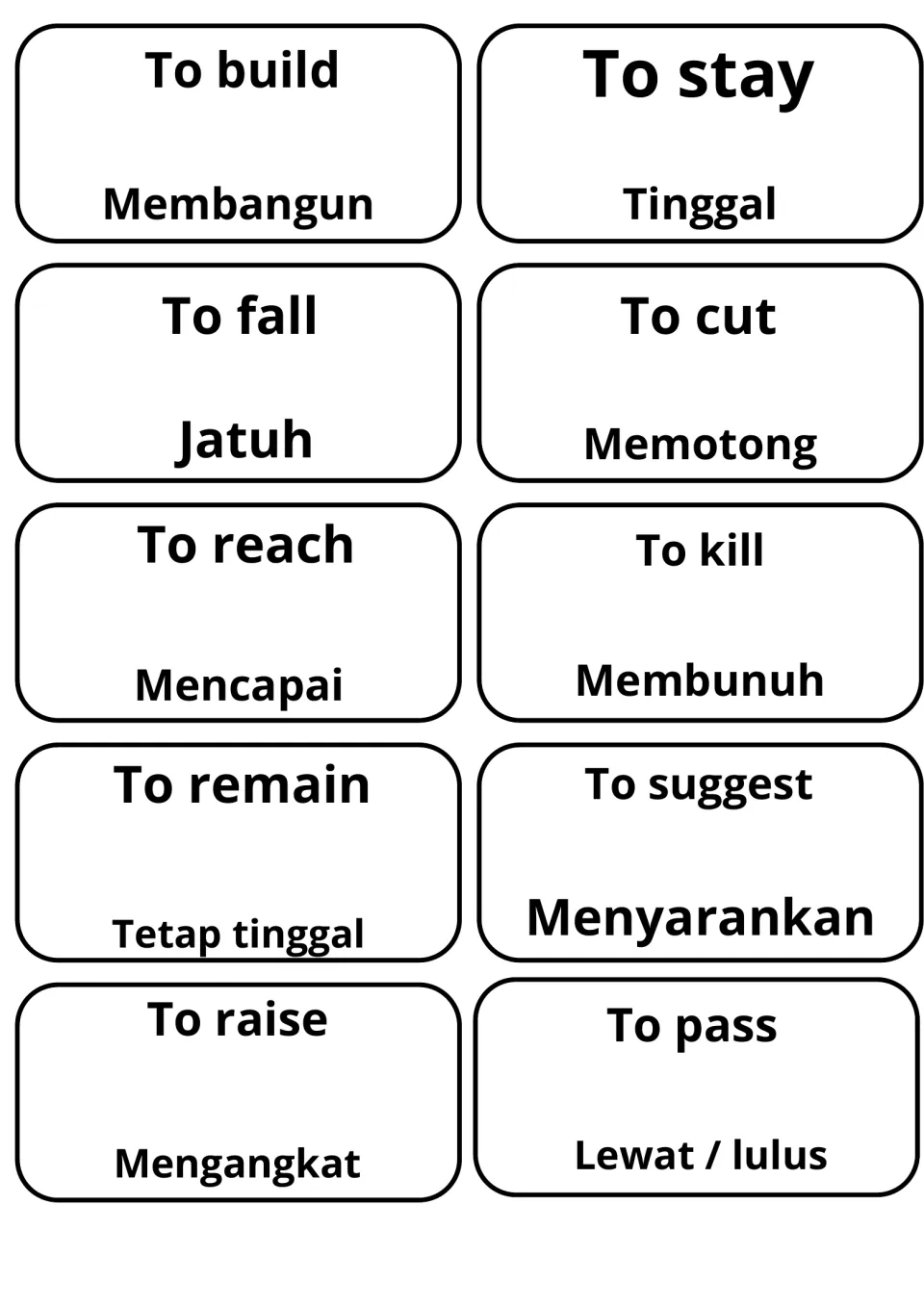 Verb translation cards: to build (Membangun), to stay (Tinggal), to fall (Jatuh), to reach, to remain, to suggest, to pass