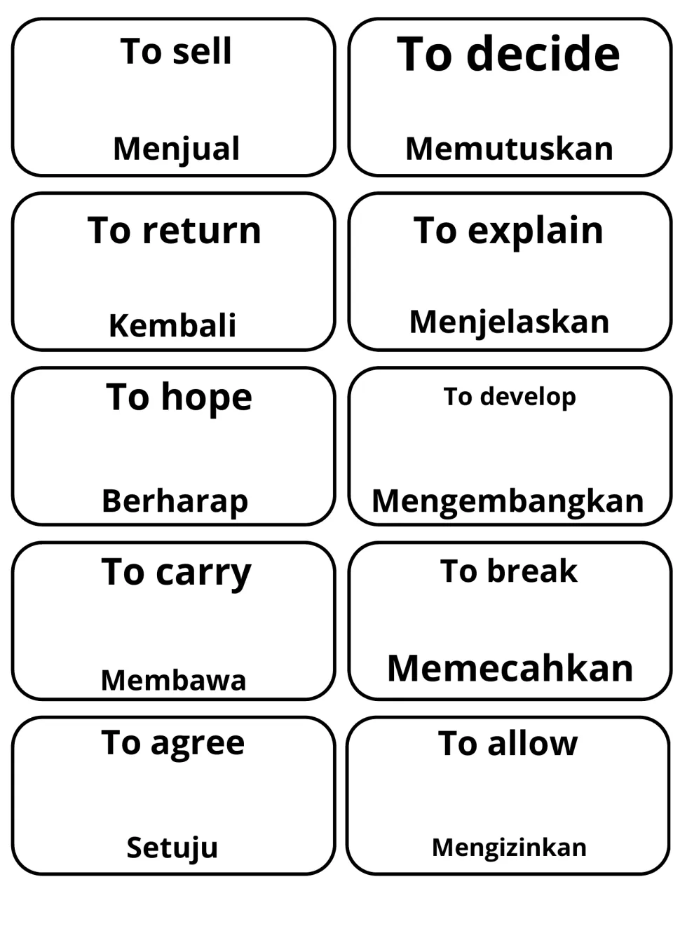 Final ten verb cards with Indonesian words: to sell (Menjual), to decide (Memutuskan), to explain, to agree, to allow