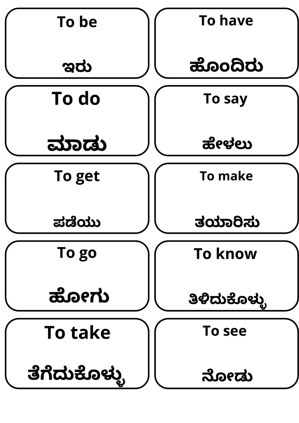 English-Kannada verb flashcards: 10 cards pair to be, have, do, say, get, make, go, know, take and see with Kannada words
