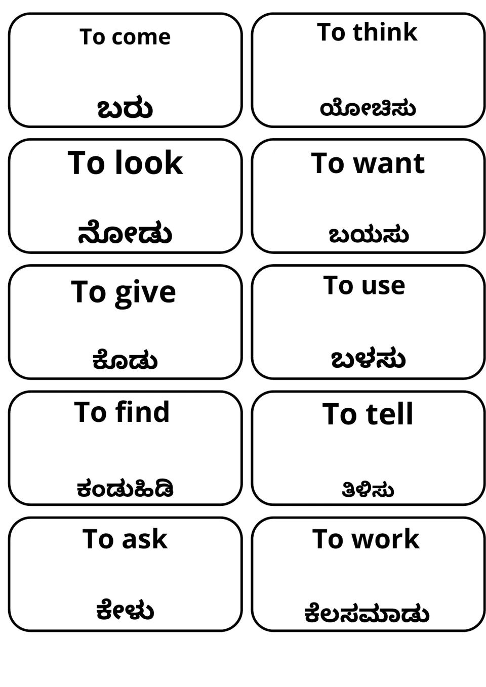 Verb vocabulary cards: to come, think, look, want, give, use, find, tell, ask and work, each above its Kannada translation