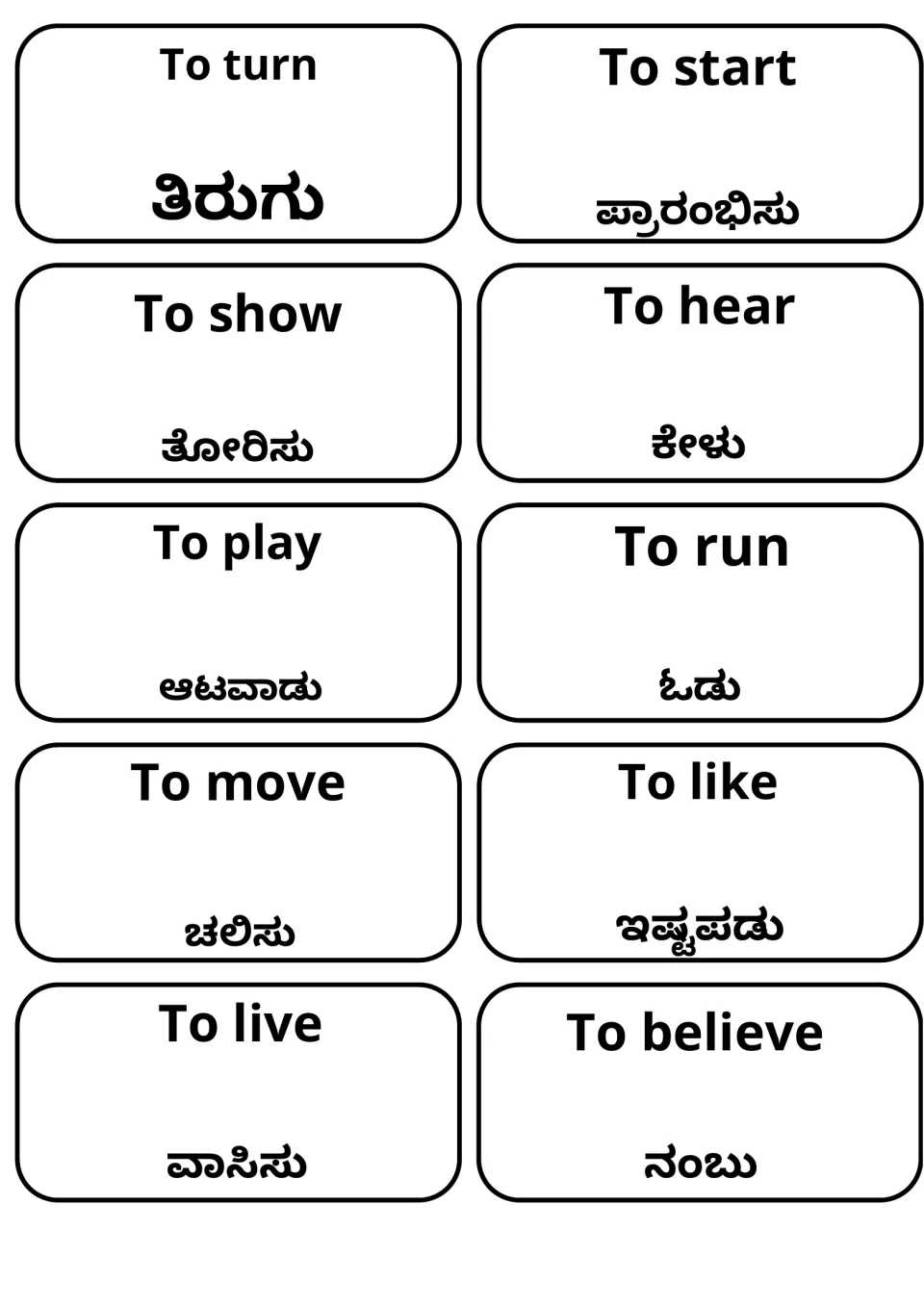 Action verb flashcards in English and Kannada: to turn, start, show, hear, play, run, move, like, live and believe