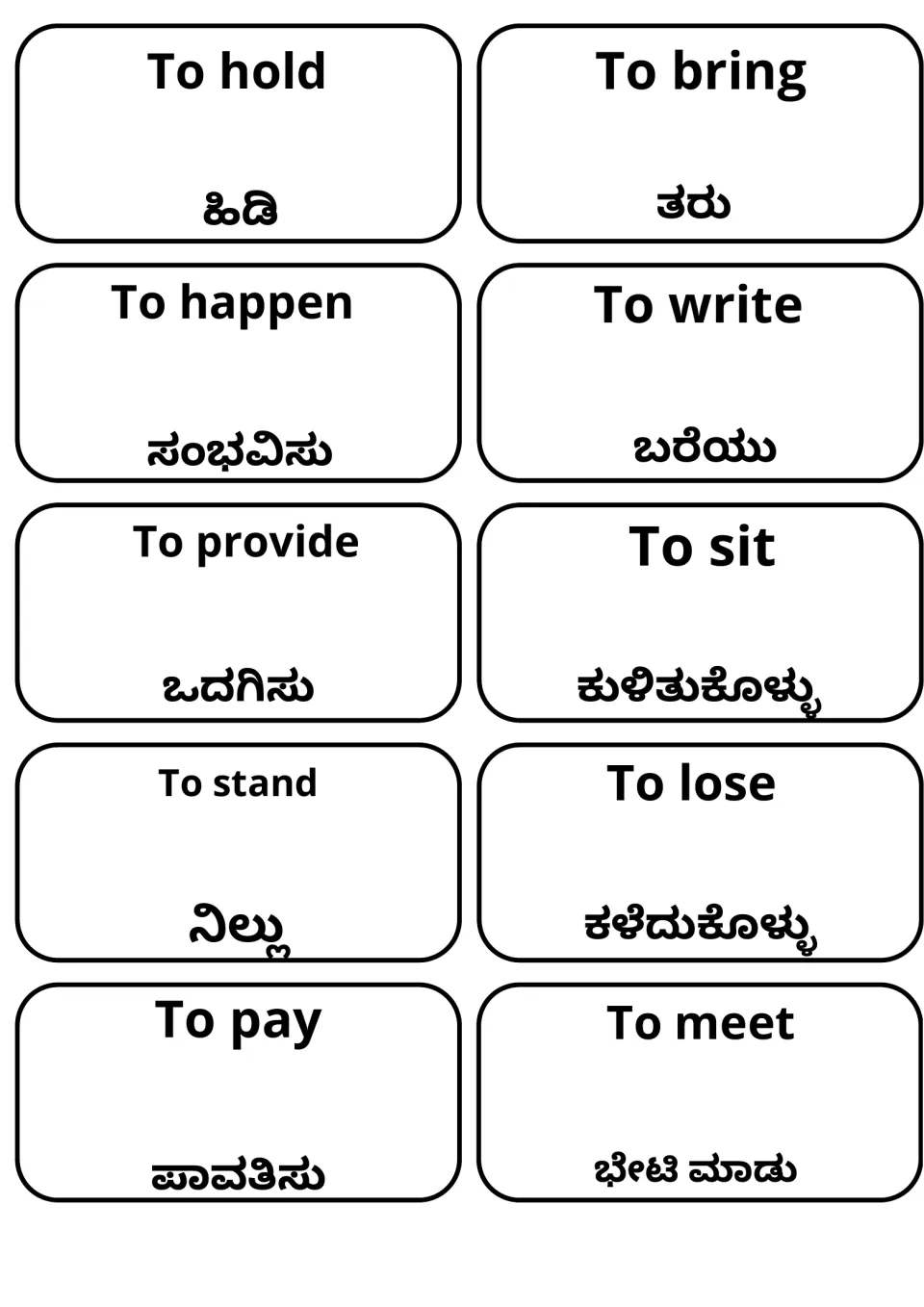 Bilingual verb cards: to hold, bring, happen, write, provide, sit, stand, lose, pay and meet, each with its Kannada word