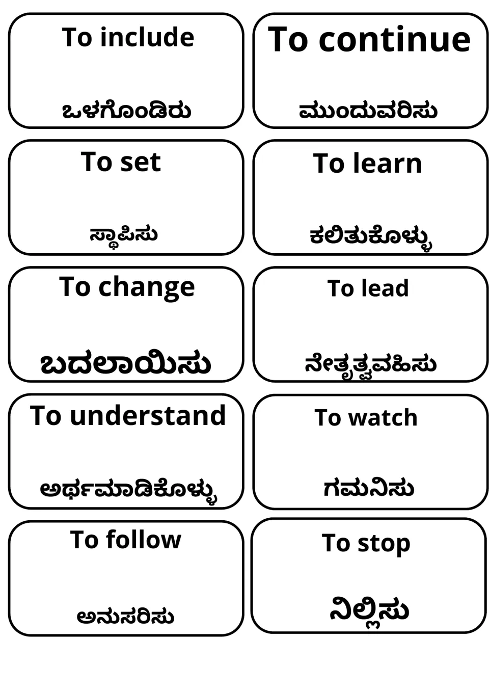 Verb flashcards with Kannada meanings: to include, continue, set, learn, change, lead, understand, watch, follow and stop