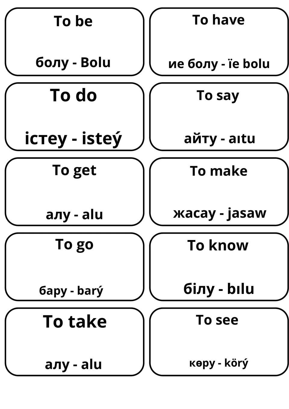 English-Kazakh verb cards: to be, to have, to do, to say, to go, to know and more, each with Cyrillic and Latin spelling