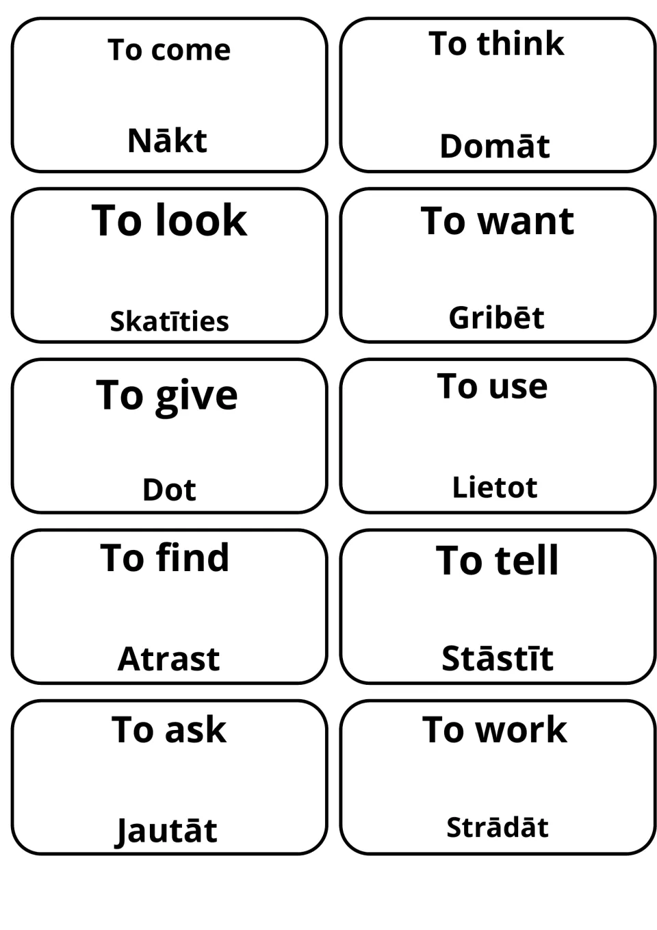 Verb cards for to come, to think, to look, to want and to ask, shown with Latvian Nākt, Domāt, Skatīties, Gribēt, Jautāt