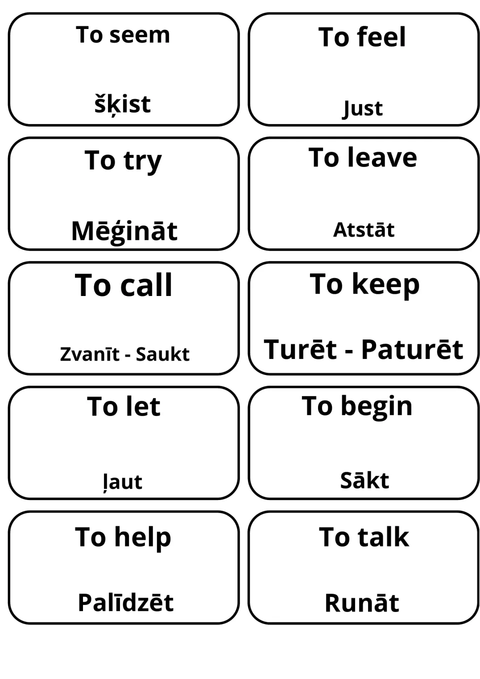 Verb cards including to seem, to feel, to try, to call and to help, with šķist, Just, Mēģināt, Zvanīt - Saukt, Palīdzēt