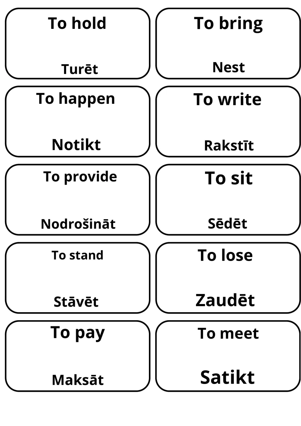 English verbs to hold, to happen, to provide, to stand and to pay as Latvian Turēt, Notikt, Nodrošināt, Stāvēt, Maksāt