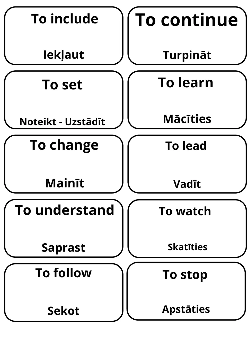 Flashcards for to include, to set, to change and to understand paired with Iekļaut, Noteikt - Uzstādīt, Mainīt, Saprast